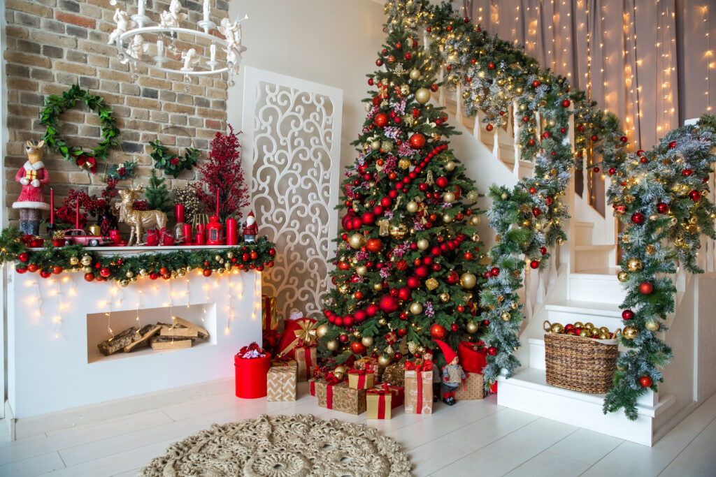 White room interior with New Year tree decorated