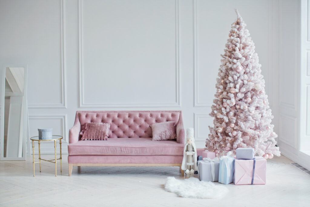pink sofa and pink Christmas tree