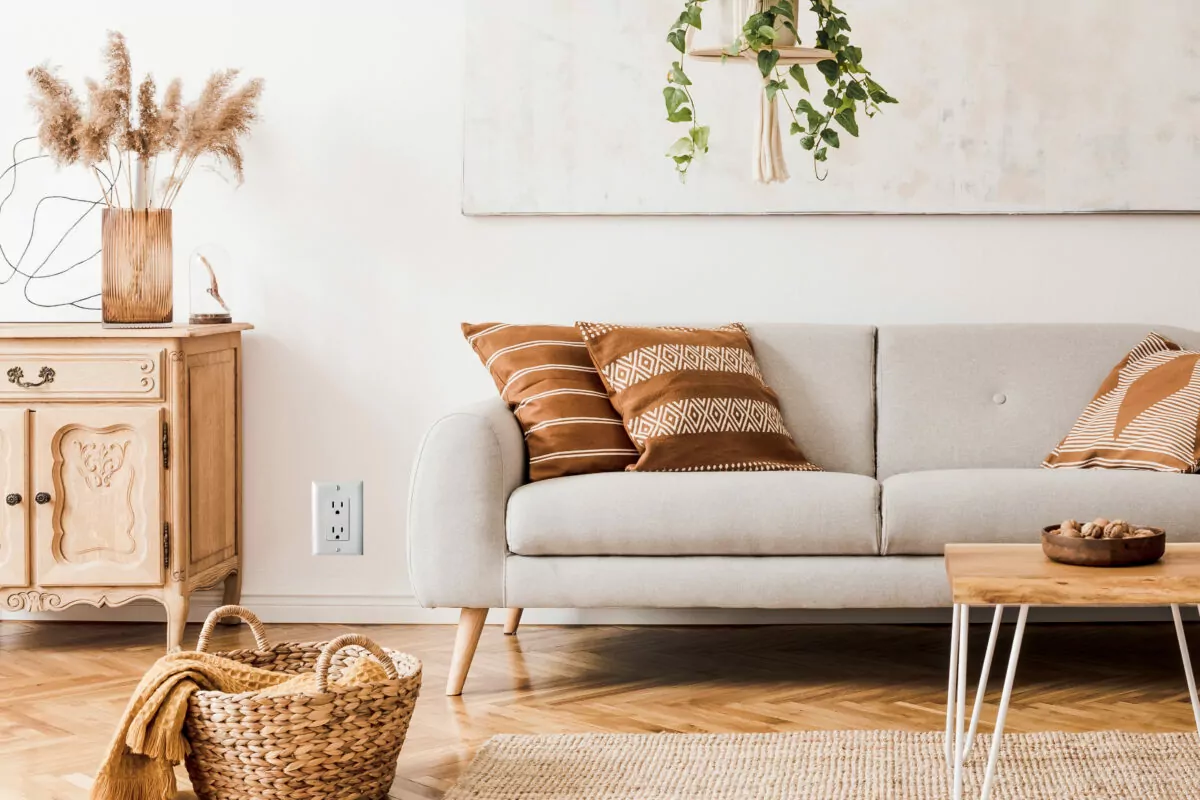 The stylish boho compostion at living room interior with design