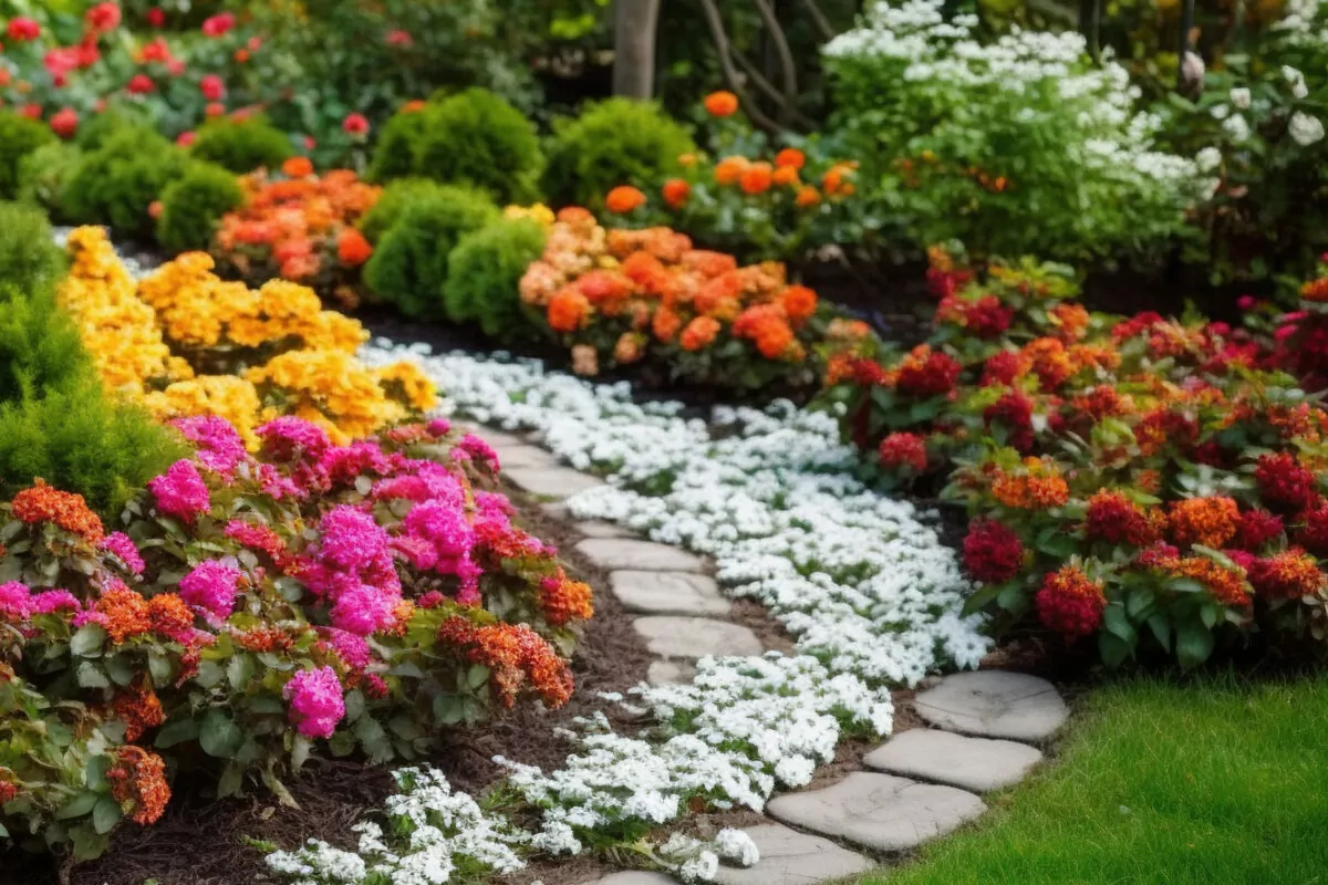 Bright flowers blooming on flowerbed, flower garden layout ideas