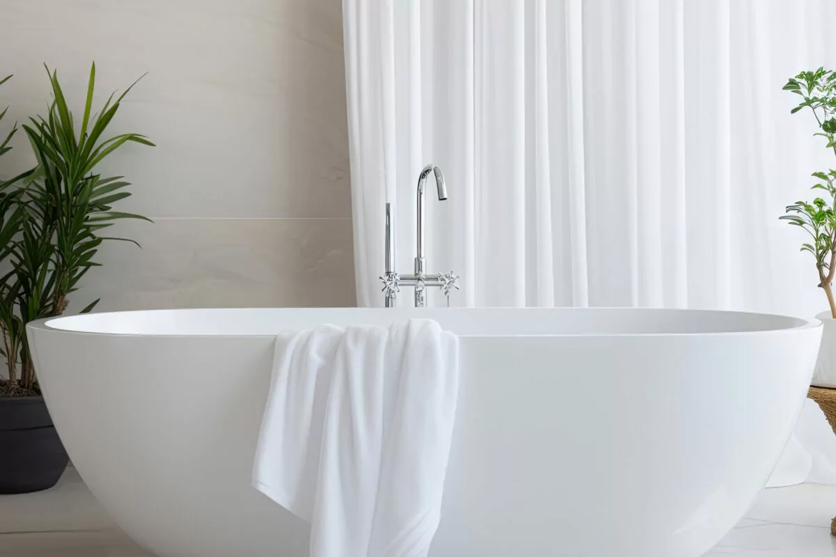 Luxurious bathroom with intimate white bathtub in hotel bedroom adorned with a white towel