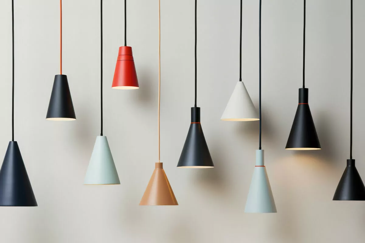 Showroom Display of Home Hanging Lamps Against a White Wall, Gen